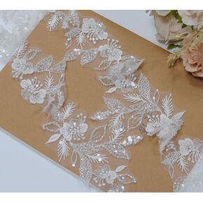 2yard Sequins Beaded Flower Embroidery lace Appliques for Wedding Dresses Rhinestone Applique Patches lace Trims parches ropa (Off White) (P3403A)