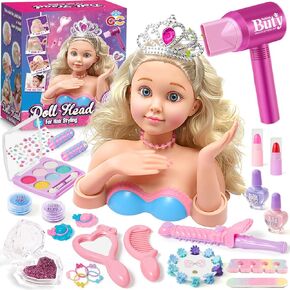 G.C Hair Styling Doll Head Makeup Girls Toys Kids Pretend Play Beauty Salon Playset with Nail Art Kit Hairdryer Curling Iron Crown Comb Accessories Birthday Gifts for Little Girls 3 4 5 6+ Years Old