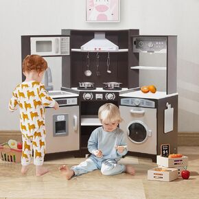 TaoHFE Corner Play Kitchen with Lights and Sounds White Kitchen Kids Toddler Kitchen Set with Washer Chalkboard Wooden Kitchen Kids Playset with Washing Machine Range Hood Girls Boys Gift for Ages 3+