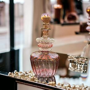 Decorative Bottles for essential oils | Refillable perfume Glass bottle | Blown Glass perfume Bottles | Hand Blown Bottle for essential oils | Pink Ribbed Glass with 14 K Gold