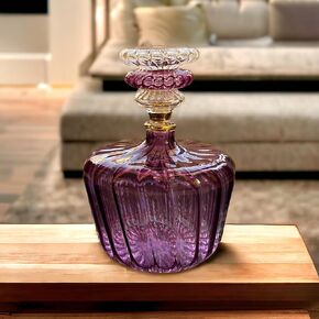 Decorative Bottles for essential oils | Refillable perfume Glass bottle | Blown Glass perfume Bottles | Hand Blown Bottle for essential oils | Violet Ribbed Glass with 14 K Gold