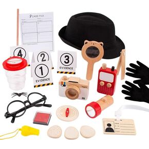 Spy Kit for Kids Detective Outfit Fingerprint Toys for 5 6 7 8 9 10 Year Old with Hat,Wooden Magnifying Glass and Detective Tools,Secret Agent Investigation Science Set,Spy Costumes for Kids 8-12