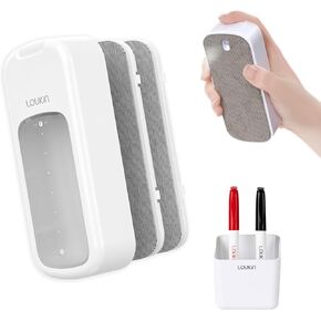 loukin All-in-One Dry Erase Eraser, Replaceable Whiteboard Eraser with Whiteboard Cleaner, Smart Glass Board Eraser for Classroom Home Office, 2 Pad Refills, 1 Magnetic Holder, 2 Markers, White
