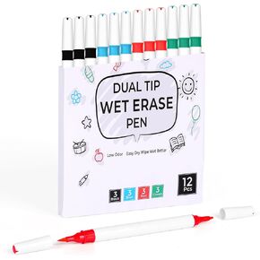 Dual Tip Wet Erase Markers, Low Odor & Easy Clean, 4 Color 12 Pcs for Whiteboards, Glass, Home Office – Ideal for Teachers, Students, Creatives