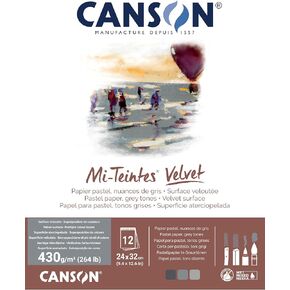 Canson Mi-Teintes Velvet Drawing Paper Pad, Grey Tones, Assorted Colors, Glue Binding, (260lb/430g), 12 Sheet, 9.4x12.6 inch, 1 Count