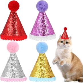 Dog Birthday Hat, 4 PCS Mini Party Hats for Stuffed Animals Cute Cat Birthday Hat Adjustable Cat Party Hat Glitter Dog Birthday Party Hat for Small Medium Large Dogs Cats Party Supplies