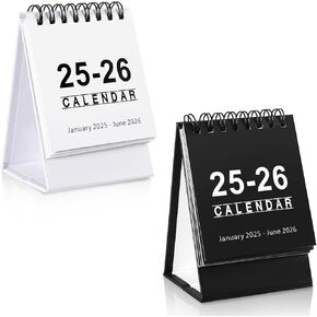 2Packs Mini Desk Calendar 2025-2026, Small Desktop Calendar Jan.2025 to Jun.2026, Standing Flip Desk Calendar, Portable Monthly Desktop Calendar for Daily Schedule School Office Supplies(Black, White)