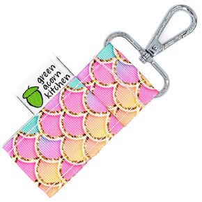 Pink Mermaid Print Lip Balm Holder - Holds Lip Balm or Chap Stick - Clips to Keychain, Purse, Lanyard or Backpack - Handmade by Green Acorn Kitchen