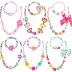 PinkSheep Kids Classic Jewelry, 6 Sets of Beaded Necklaces and Bracelets for Girls, Favors Bags for Girls Jewelry (Classic)