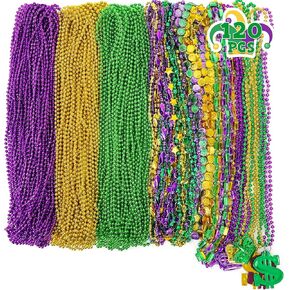 120 PCS Mardi Gras Beads Necklace Bulk, 9 Styles Mardi Gras Accessories, Purple Gold Green Mardi Gras Beads Necklaces for Mardi Gras Parade Throws Masquerade Costume Party Decorations