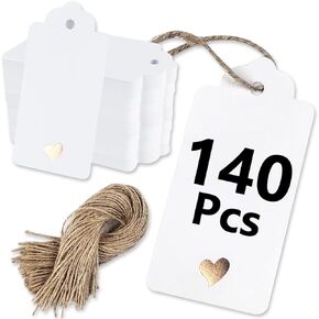 PH PERKHOMY 2" x 4" Gift Tags with Foil Rose Gold Heart, 120 Pcs Kraft Paper Tags with String for Mother's Day, Valentine's Day, Wedding, Craft, White