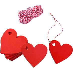 100 Pcs Red Gift Tags Valentine Heart Shaped Paper Tags Blank Heart Hanging Labels Valentine's Gift Wrapping Tags with 300 Feet String for Valentine's Party DIY Wrapping Supplies (Red)