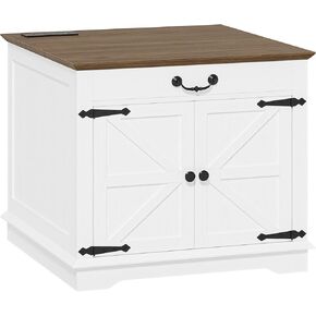 IRONCK Farmhouse End Table with Charging Station, 23.6" Large Sofa Side Table with Drawer and Back Storage Shelf, Rustic Square Nightstand with Adjustable Shelf for Living Room, Bedroom, White
