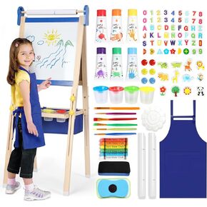 Kids Easel 3-1,Magnetic Chalkboard & Whiteboard, Paper Painting, Big Storage with Canvas Bag, Painting Sets with Finger Paints,Chalks,Brushes,Number Letters Magnets, Apron, Gift for Kids, Blue