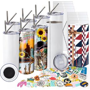 12 Pack 20 oz Sublimation Tumbler Set Double Walled Stainless Steel Skinny Straight Blank Tumbler Sublimation Cup with Lid, Straw, Shrink Wrap, Rubber Base for Heat Transfer Heat Press