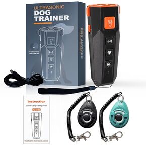 Dog Bark Raderrent & Clicker - توقف عن السلوك السيئ على الفور | لا الصراخ ، فقط نقطة واضغط! | بديل عن صدمة بالموجات فوق الصوتية بعيدة المدى بديل مع فرس حزام معصم لسهولة التدريب