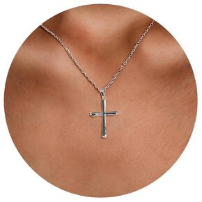 قلادة فضية مقلوبة مصنوعة يدويًا من S925 Sterling Silver ، مطلي بالذهب الأبيض. التصميم الخالد ، وجلب حظا سعيدا ، والحماية ، والإيمان. قلادة قلادة صليب عصرية للنساء.