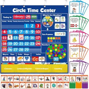 Circle Learning Time Center Pocket Chart Calendar Set, Educational Pocket Chart Learning Shape, Color Classroom Pocket Chart-Number Pocket Chart Wording Rhyme Pictures Pocket Chart