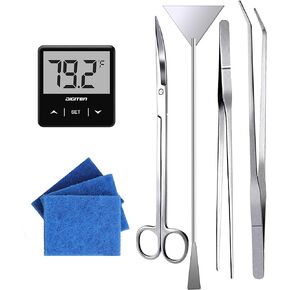 Aquarium Starter kit, The Package includes a Fish Tank Thermometer, aquascape Tool kit with a Sand Spatula, Straight Tweezers, Curved Tweezers, Curved Scissors, Handheld Sponge pad(3 PCS)