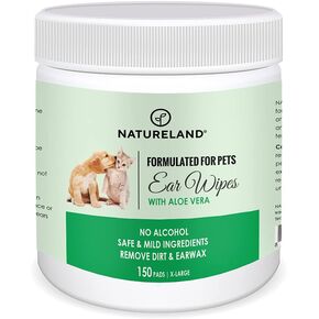 [150 PCS Extra -large] مناديل أذن الكلاب Natureland - منصات كبيرة إضافية [170 ٪] - مناديل التنظيف الأولي للالتهابات والتحكم في الأذن ورائحة الأذن بالحيوانات الأليفة