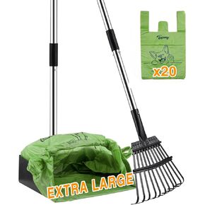 Toozey Unbreakable Dog Pooper Scooper with Extra Large Stainless Metal Poop Tray & 43.31" Long Handle Rake Scoop, Easy Waste Cleanup for Large, Medium, Small Dogs with 20 Bags