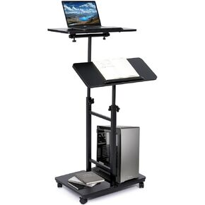Multi-Purpose Lecterns & Podiums, Portable Mobile Standing Laptop Desk, Height Adjustable Rolling Podium Stand with Storage 2 Swivel Top,Sit Stand Lectern Desk Workstation for Classroom Church (Black)