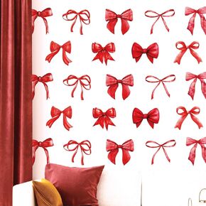 Whaline 12 Sheets Red Bow Wall Stickers Watercolor Bowknot Wall Decals Room Mural Stickers for Coquette Birthday Party Home Nursery Decor, 7.9 x 11.8 Inch