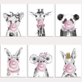6 Bubble Gum Baby Animals Posters Kids Whimsical Wall Art Prints - Children's Set Baby's Nursery Child's Bedroom (Unframed) Decor Printed Illustrations for Girls By Ritzy Rose (Bubble Gum Animals)