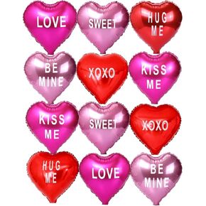 12 pcs Heart Balloons,18" Foil Love Balloons Mylar Balloons, XOXO LOVE SWEET BE MINE heart balloons Valentines Day Decorations Balloons for Propose,Wedding Décor Backdrop & Party Supplies (TEXT HEART)
