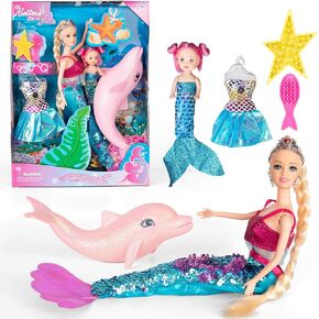 Mermaid Princess Doll with Little Mermaid and Pink Dolphin Playset, Blonde Hair Mermaid Toys with Accessories, Gift for 3 to 7 Year Old Girls
