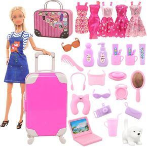 BARWA 32 Pcs Doll Suitcase Luggage Travel Clothes and Accessories for 11.5 inch Girl Doll Travel Carrier Storage, Including 1 Luggage 1 Suitcase 23 Travel toiletries 5 Dresses 1 Puppy 1 Computer…