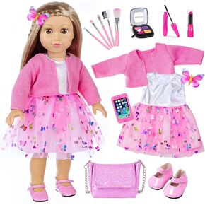 American 18 Inch Doll Makeup Accessories and Clothes,Messenger Bag Set for 18 Inch Doll Include Phone Eye Shadow Lipstick Eyelash Brush Makeup Brush Butterfly Hair Clip and Shoes（No Doll）