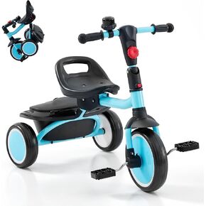 Toddler Tricycle with Bell, Foldable Kids Tricycle for Age 18 Months to 5 Years, Kids Trike with Adjustable Seat, Toddler Trike for Girls Boys (Blue)