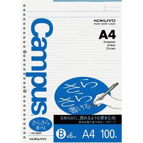 Kokuyo Campus Loose Leaf Paper for Binders, Sarasara Smooth Writing, A4, B 6mm Ruled, 30 Holes, 41 Lines, 100 Sheets, pH Neutral, Bleed Resistant, 75gsm, Japan Import (NO-816BE)