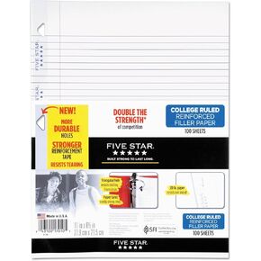 Five Star Filler Paper, College Ruled, Reinforced, Loose Leaf Paper, 11 x 8.5", 100 Sheets/Pack Pack Of 3, 17010