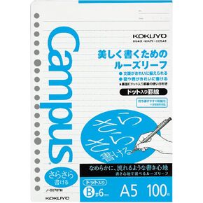 Kokuyo Campus Loose Leaf Paper for Binders, Sarasara Smooth Writing Paper, A5, 6 mm Dotted Rule, 20 Holes, 100 Sheets, Bleed resistance (NO-807BT)