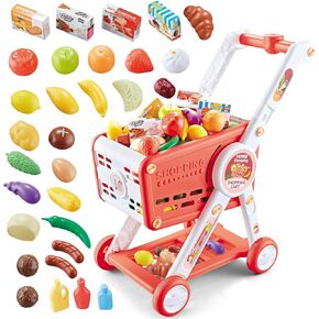 Shopping Cart for Kids, 31PCS Supermarket Shopping Trolley Cart Toy with Toy Food Shop Accessories, Pretend Play Shopping Basket Grocery Store Games for Toddlers Boys Girls Ages 3+ (Red)