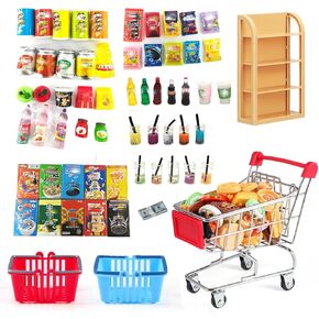 112pcs Miniature Dollhouse Grocery Set Shopping Cart Basket Food Drink Bottle Supermarket Metal Handcart Toys Doll House Store Cosplay Game Dollhouse Grocery Party Trolley Model Dollar Bills