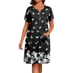 Ekouaer Women Robes Lightweight House Coat Short Sleeve Floral Print Mumu House Dresses with Pockets Zipper Nightgowns