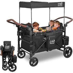 4 Seater Wagon Stroller,Foldable All-Terrain Quad Wagon Stroller with Canopy,Detachable Tray,Adjustable Handle, High Seat & Large Storage Space,Black