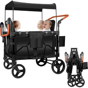 Deluxe Stroller Wagon for 4 Kids, Foldable 4 Passenger Quad Seater with Adjustable Canopy, 5 Point Harness, Two Adjustable Handlebars (Black)