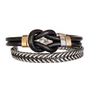 2pc Bracelet Set for Men, Men's Black Leather Knot Bracelet & Silver Plated Brass Chain Bracelet Set, Tribal Boho Celtic Bracelet Set for Men, Handmade Jewelry for Guys by Magoo