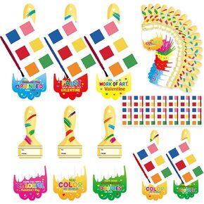 Fancy Land Valentines Day Gifts for Kids 24 Pack Valentines Cards Mini Watercolor Paint Set with Color Paper Paint Brush for Valentine's School Classroom Exchange Party Favors Goodie Bag Stuffers