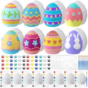 Set of 8 Ceramic Easter Egg DIY Painting Kit DIY Graffiti Art Handicrafts to Paint Your Own Easter Ceramic Egg Statues Plaster Brushes Acrylic Paints Bags Party Favor for Adults