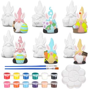 Poen 6 Sets Ready to Paint Your Own Ceramic Gnome Statues Easter DIY Unpainted Ceramic Figurines Kit Paintable Gnome Figurines DIY Art and Craft with Brush Palette Paint for Adults