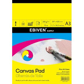EBIVEN 11.69" x 16.5" Canvas Pad, 10 Sheets Glue Bound Art Canvas Pad for Painting, Acid Free (10 oz/280gsm) Primed 100% Cotton White Blank Canvas for Acrylic Oil Watercolor Tempera Paints