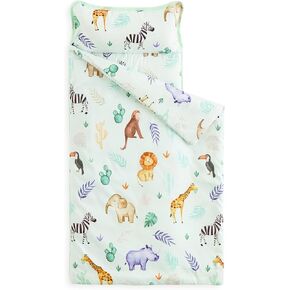 Wake In Cloud - Toddler Nap Mat with Pillow and Blanket, for Kids Boys Girls in Kindergarten Daycare Preschool Pre K, Roll Up Sleeping Bag, Animals Zoo Trees