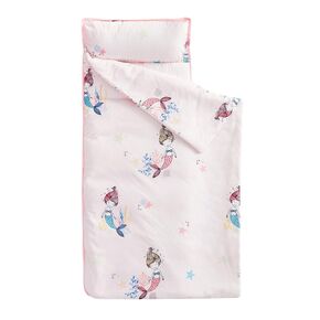 Wake In Cloud - Toddler Nap Mat with Pillow and Blanket, for Kids Girls in Kindergarten Daycare Preschool Pre K, Roll Up Sleeping Bag, Cute Colorful Mermaids, Purple Blue, Standard