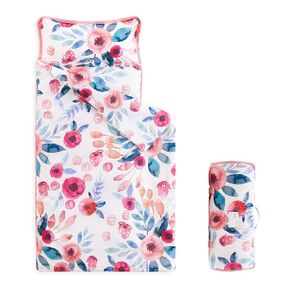 Wake In Cloud - Toddler Nap Mat with Pillow and Blanket, for Kids Girls in Kindergarten Daycare Preschool Pre K, Roll Up Sleeping Bag, Floral Botanical Flowers, Mauve Pink, Extra Long