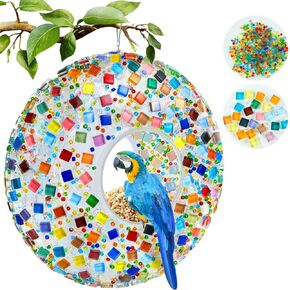 Glass Mosaic Tiles for Crafts, Hanging Bird Feeders for Outdoors - 9.4in Fly-Through Wild Bird Feeder, Colorful Mosaic Pattern, Attracting Finch, Cardinal, Chickadee, Gifts for Bird Lovers